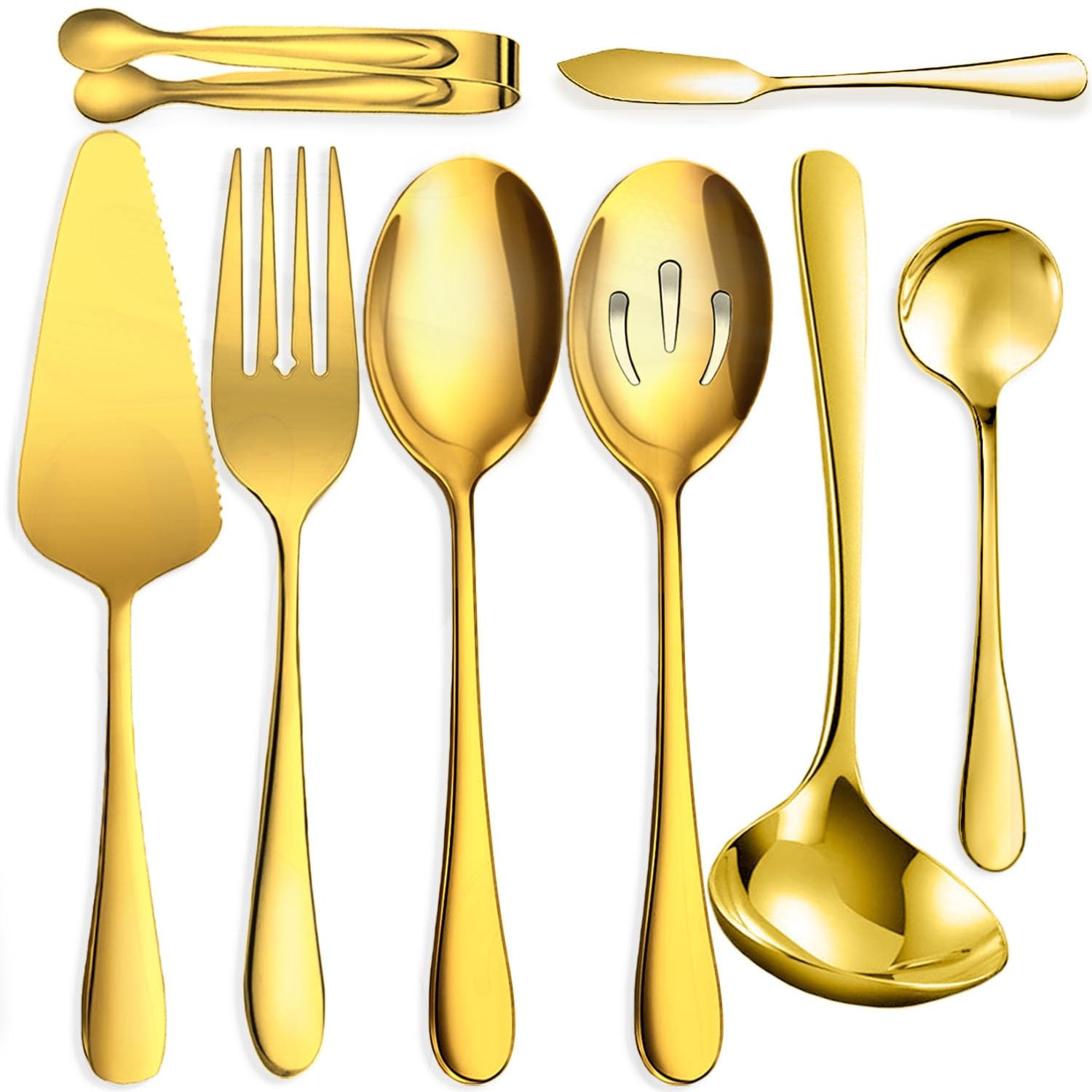 8 PCS Gold Stainless Steel Serving Utensils, Spoons, Forks, Ladle, Tongs Set