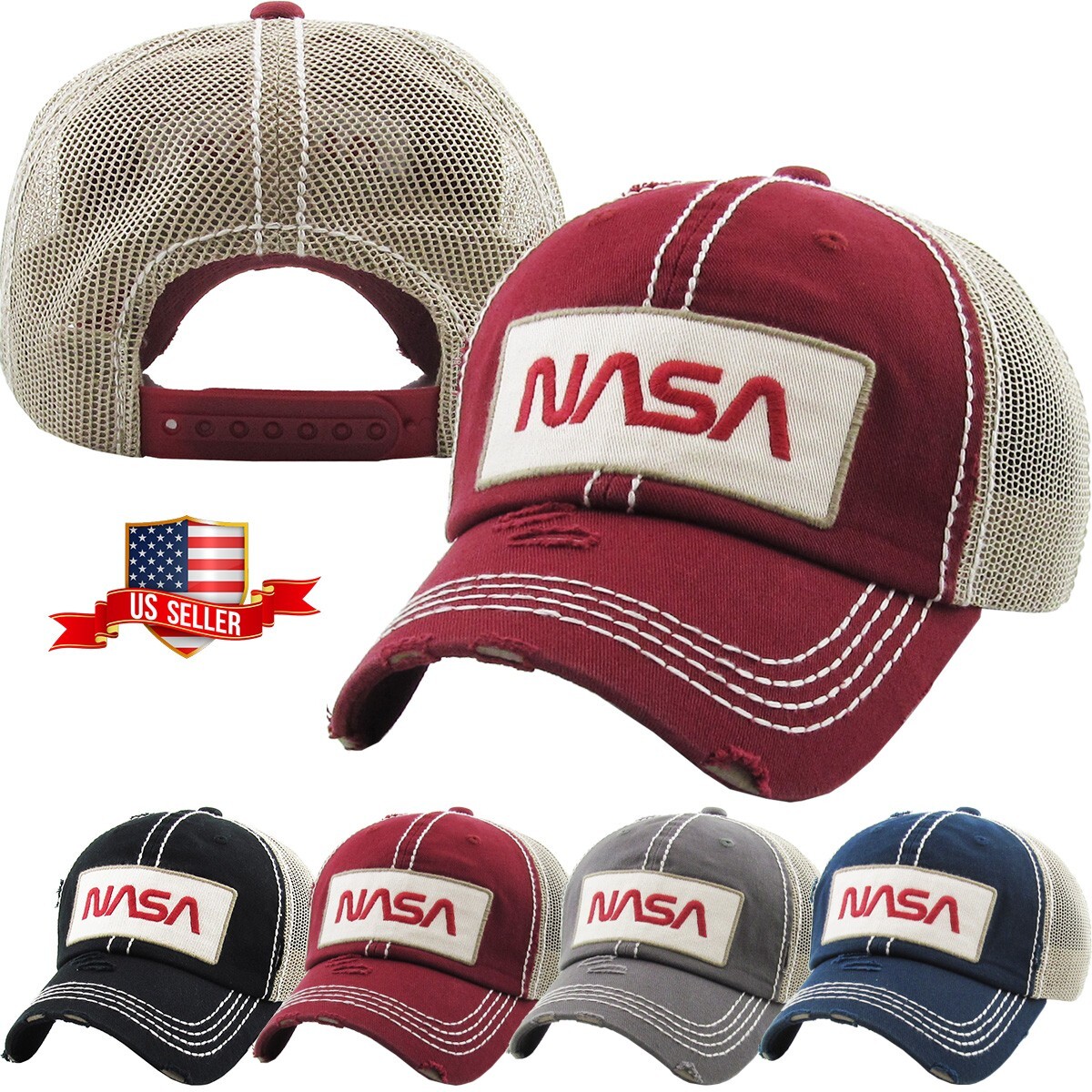 NASA Worm Insignia Vintage Distressed Mesh Back Baseball Cap Adjustable Hat