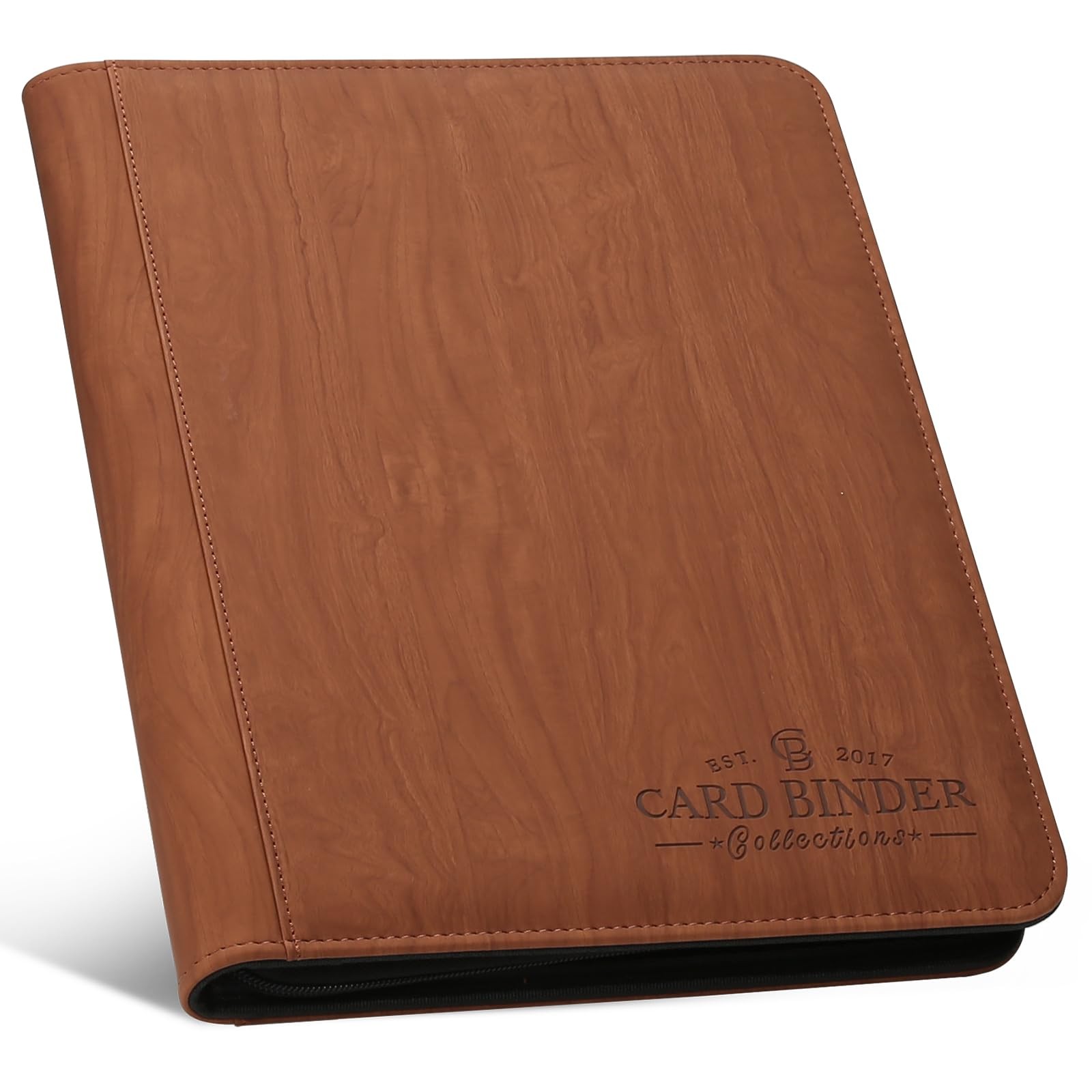 Foalgo 9 Pocket Card Binder, Premium Zip 7.5in x 9.8in, Wood grain brown