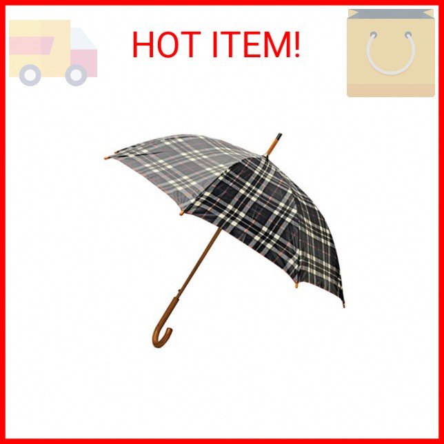 Rainbrella Classic Auto Open Umbrella with Real Wooden Hook Handle, Black Plaid,