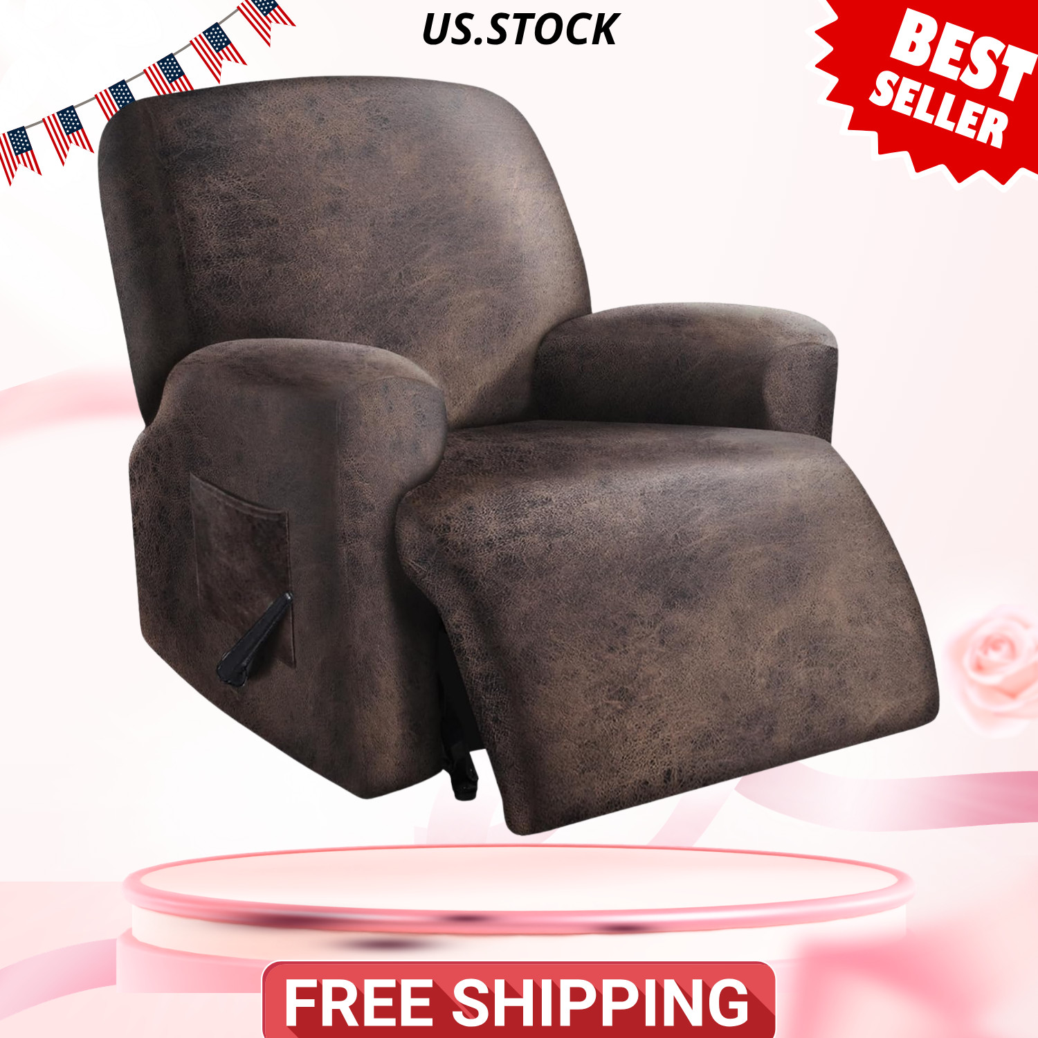 NEW Leather Like Oversized Recliner Chair Cover XL 4PC Washable Dark Brown Wide