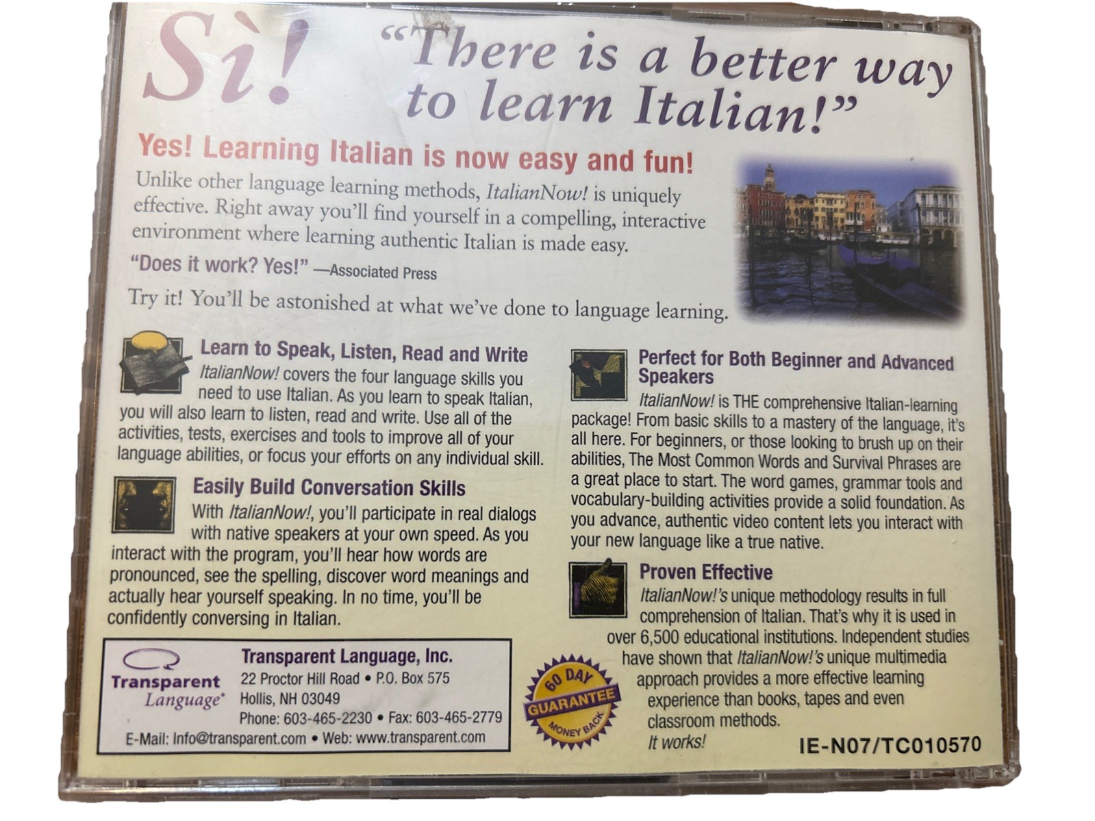 Learn Italian Now! Windows/Mac CD-Rom Transparent Language (2CD Roms ) Pre-Owned