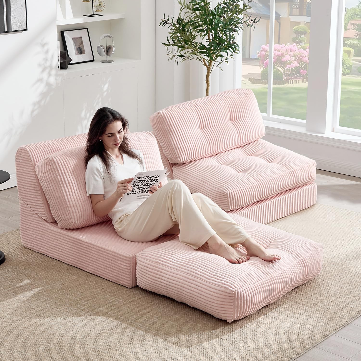 35.8" Folding Sofa Bed Convertible Sleeper Chair Corduroy Portable Mattress Pink