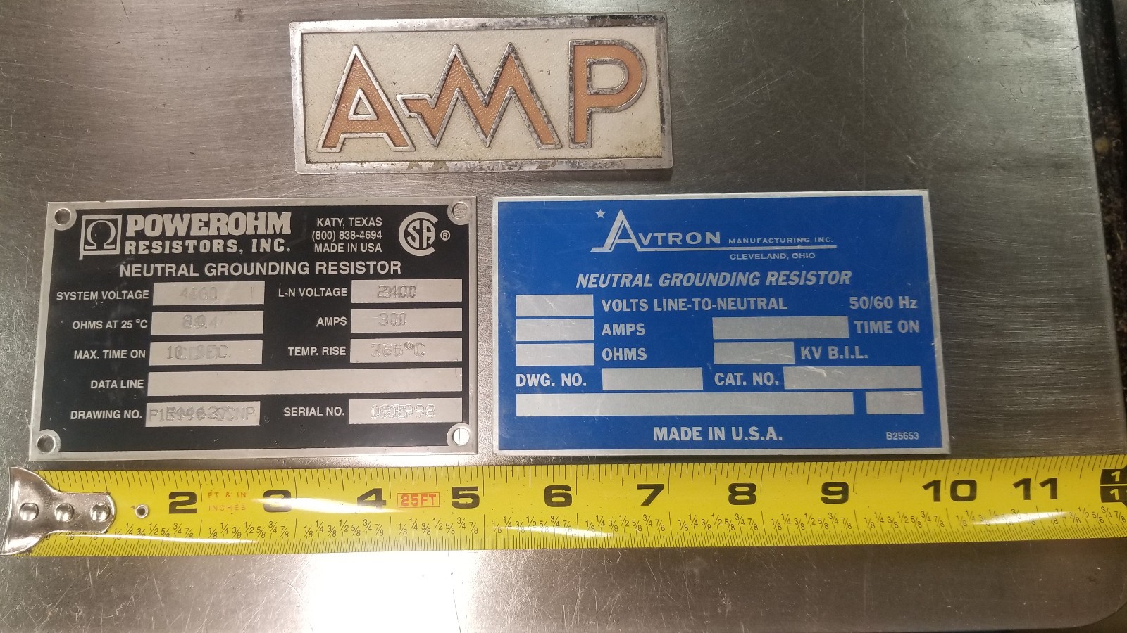 Vintage Powerohm Avtron Amp Machine Nameplate  Industrial Tool Tags