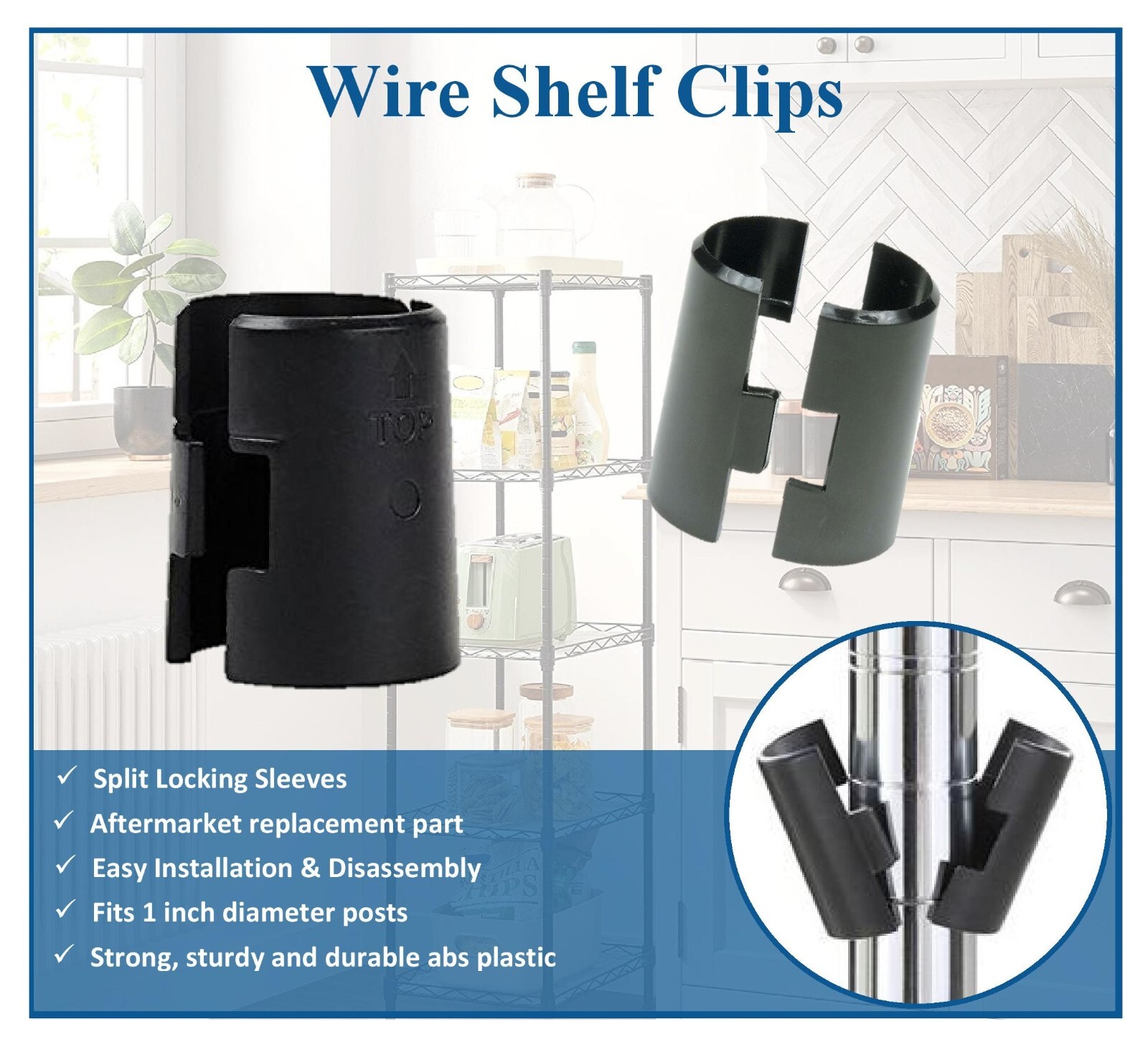 1" Diameter Wire Shelf Clips Shelving Split Sleeves Lock Locking Plastic Bulk