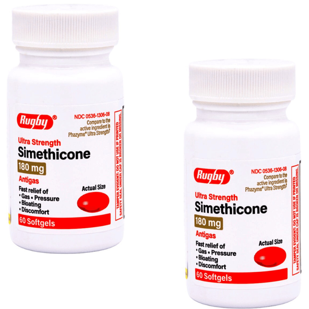 Rugby Simethicone 180mg - 60 Softgels | Ultra Strength Phazyme (4-2028) - 2 Pack
