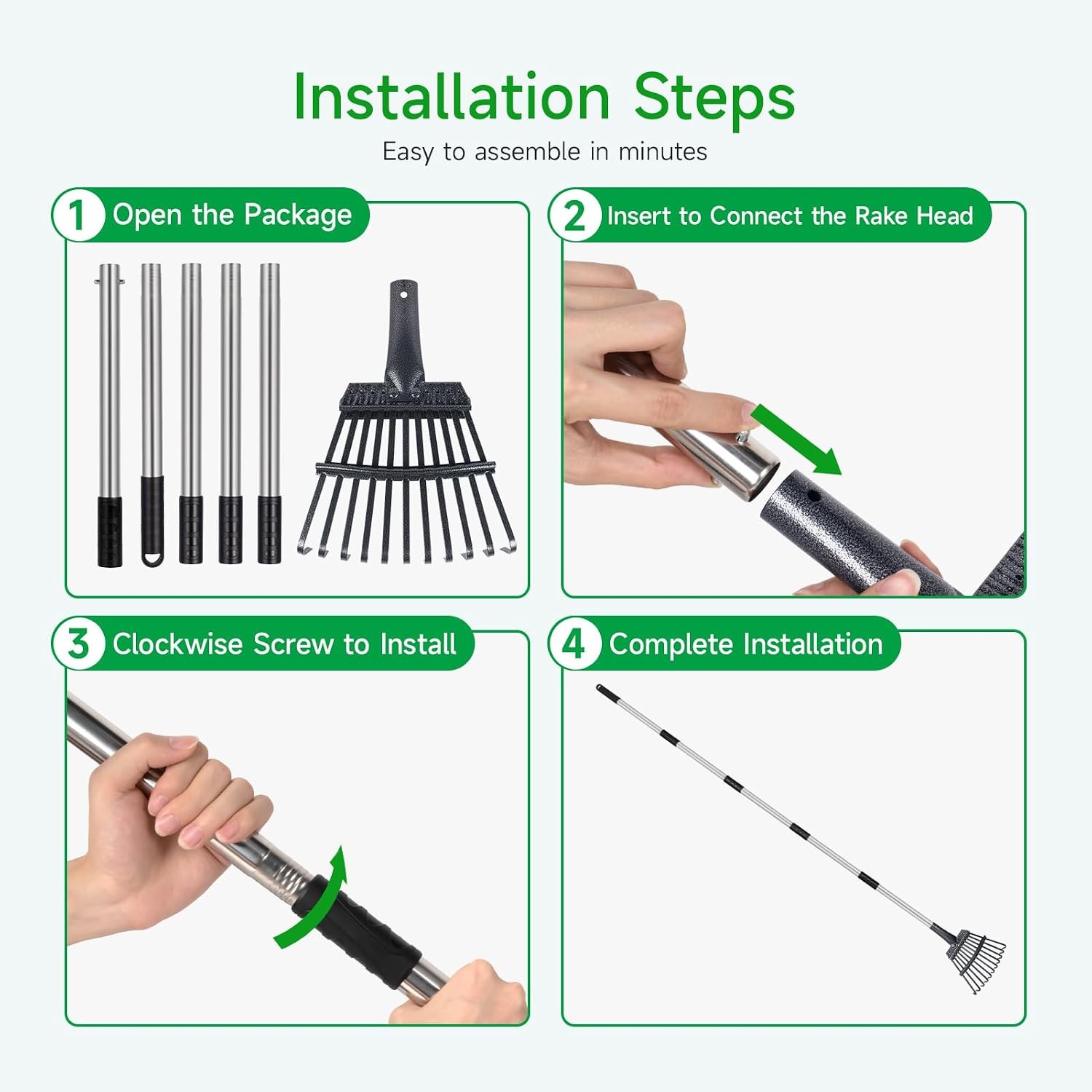 Adjustable Leaf Rake 8" Metal Garden Rake 29"-72" Extendable Handle