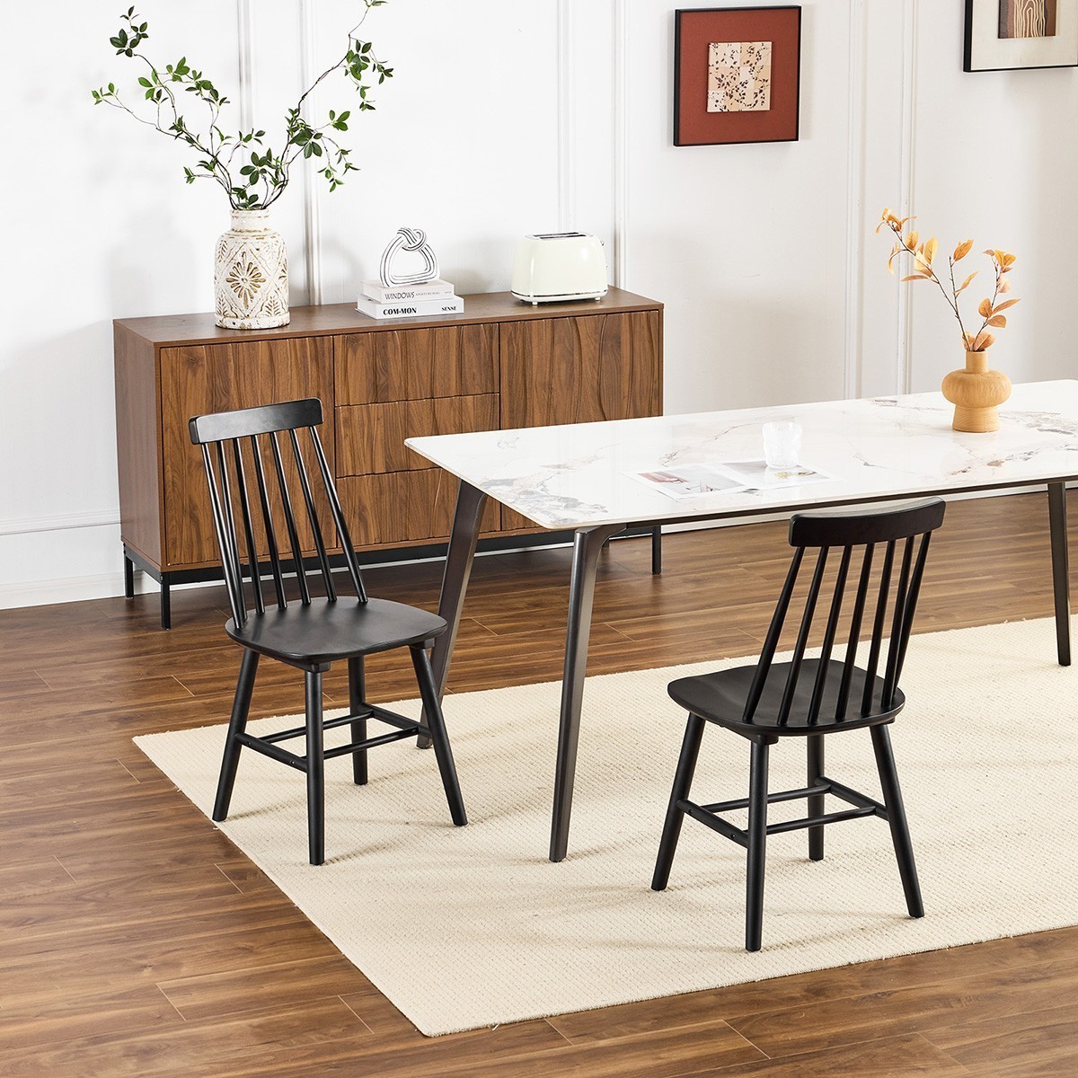 Set of 2 Farmhouse Style Dining Chairs - Wood Backrest, Natural Wood Grain,Black