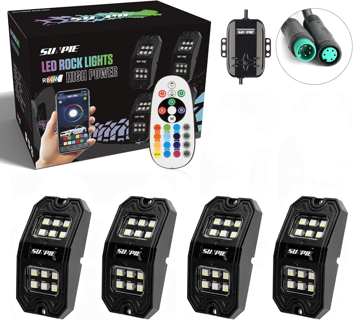 SUNPIE 4 Pods Upgraded 210 Degrees Wide Angle RGBW Rock Lights APP/Remote