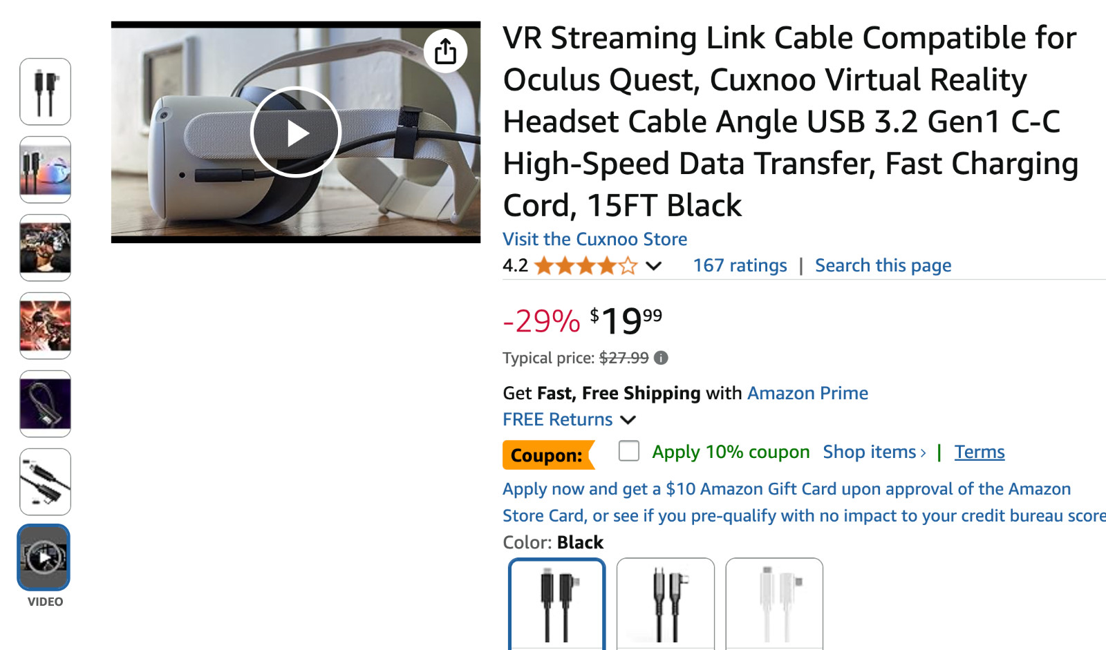 Meta Oculus Quest Virtual Reality Headset Cable - Black 1m