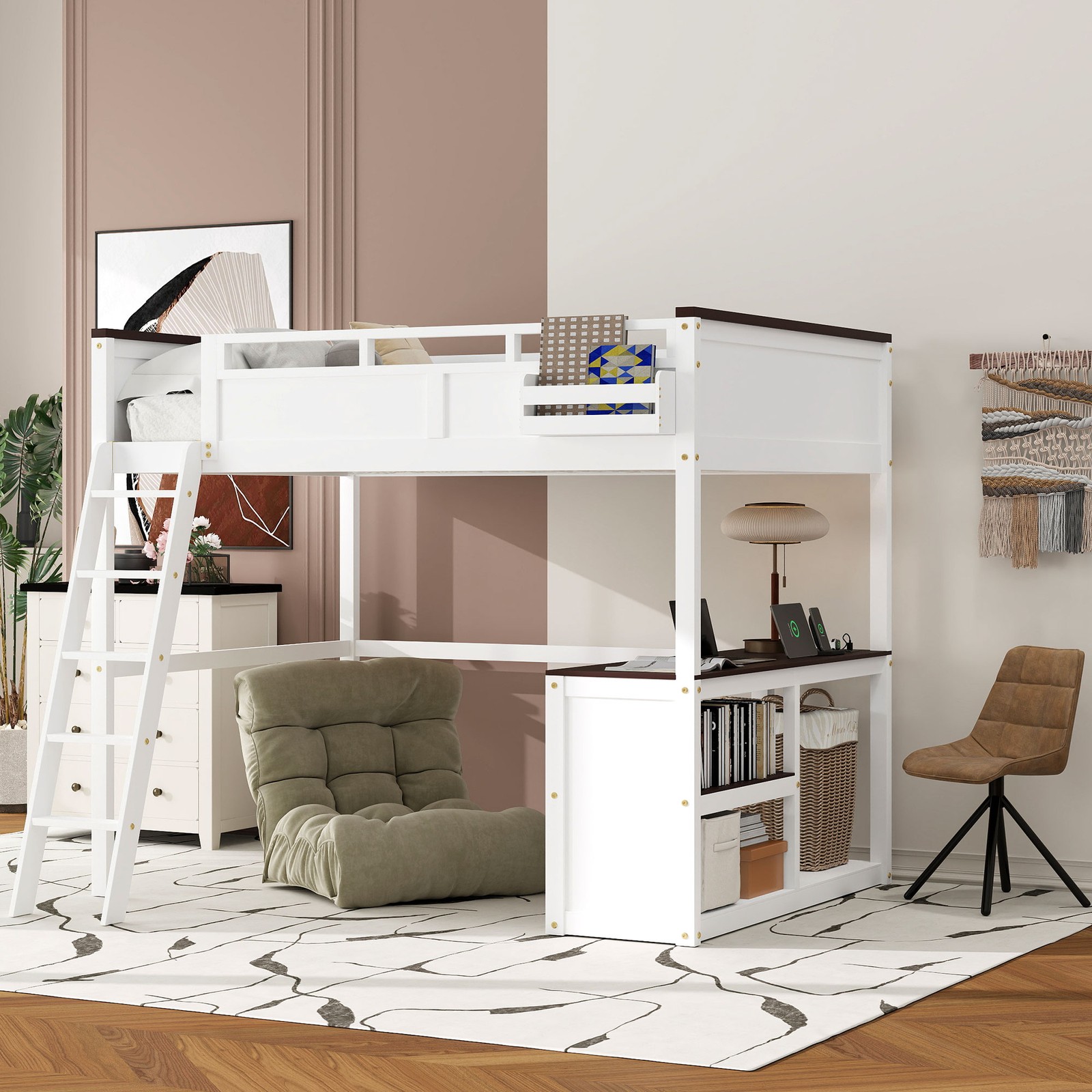 Queen Size Loft Bed with Desk Ladder Storage Shelf Solid Wood Bedroom Bed Frame