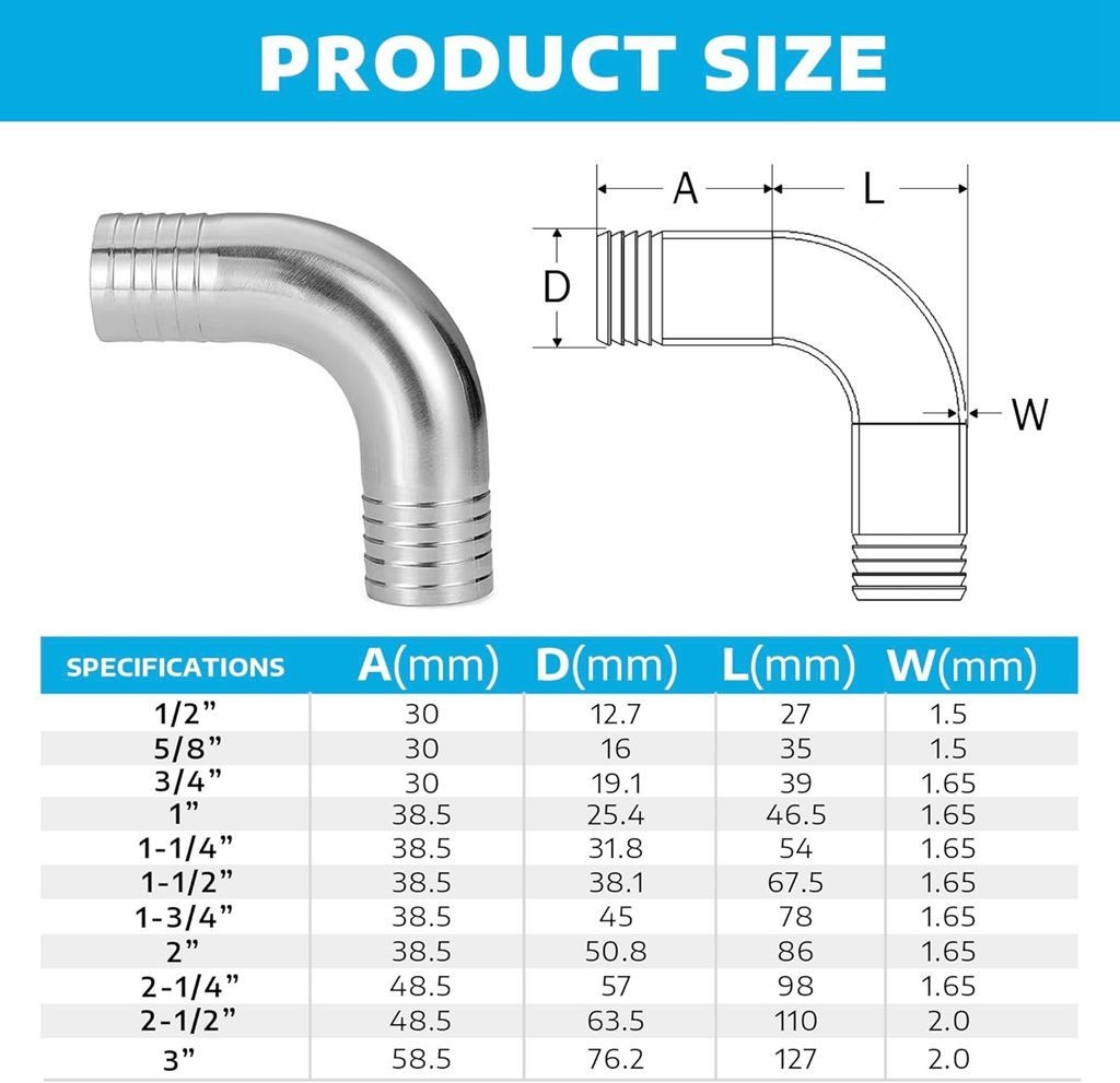 Stainless Steel Sanitary 90 Degree Elbow Fitting 1.25" Barbed x 1.25" Barb C642