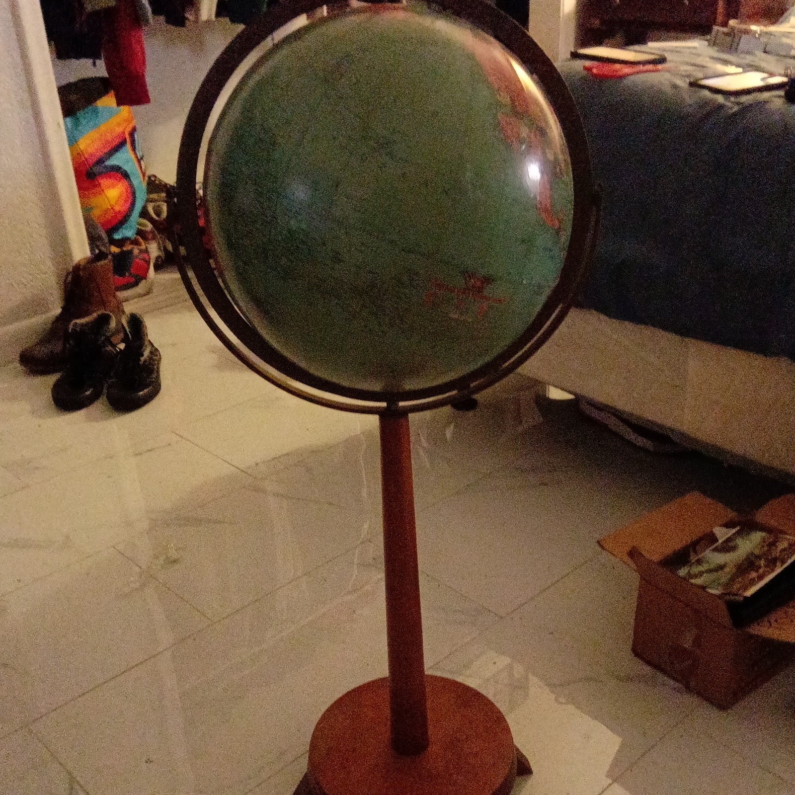 Rotating Floor World Globe, Wood/Metal, Green/Brown/Silver Stand Base