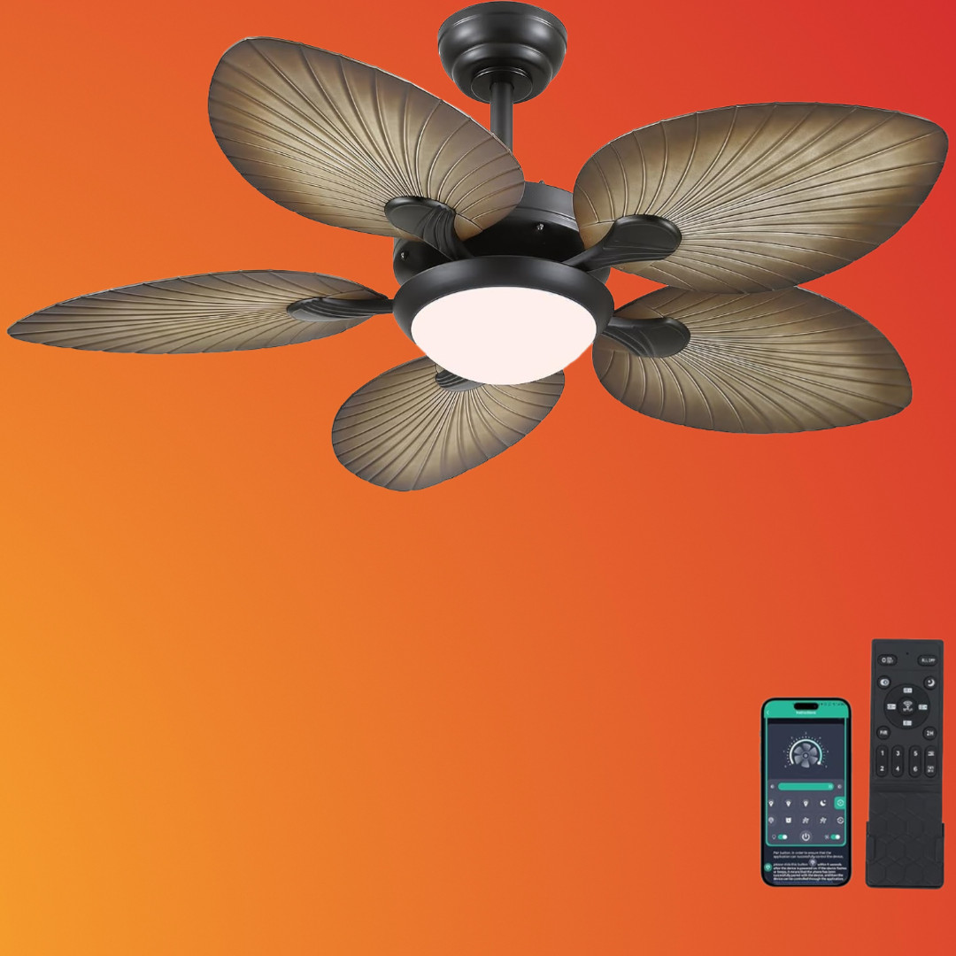 44" Tropical Palm Leaf Ceiling Fan with LED Lights Remote/APP Control
