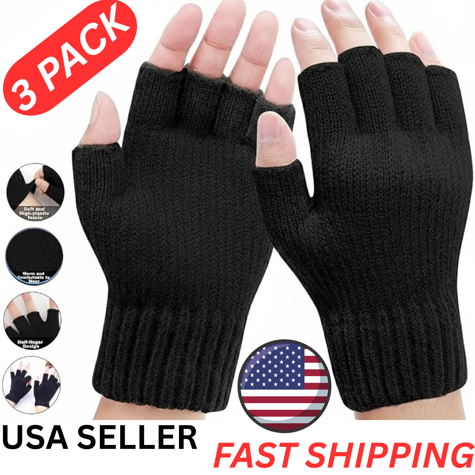 3 Pairs Winter Alpaca Wool Fingerless Gloves Men's Knitted Half Finger Mitten