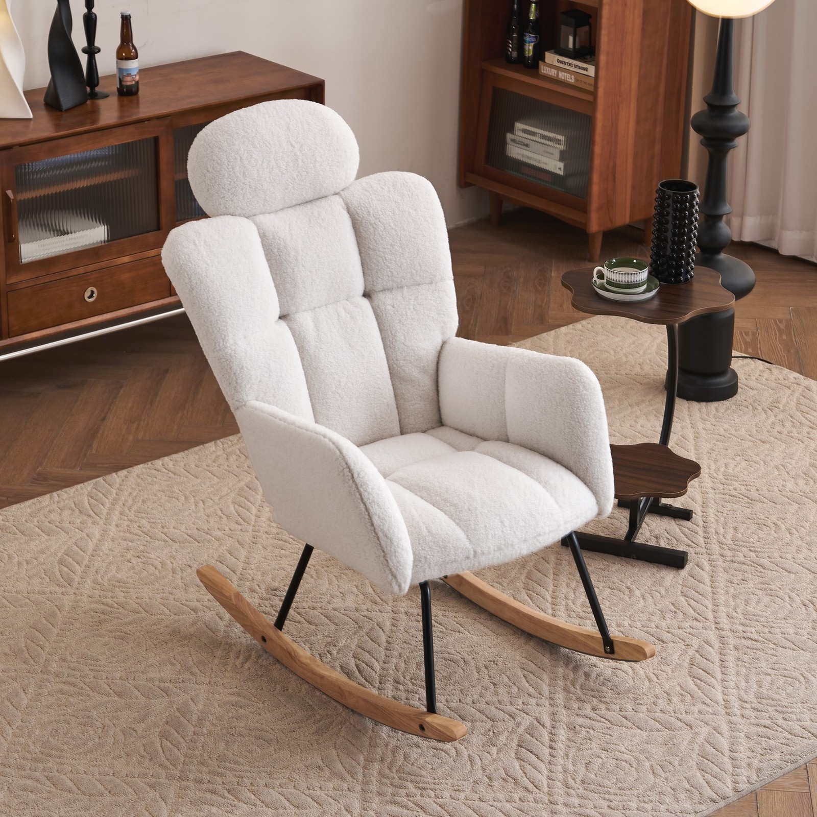 Plush Upholstered Teddy Fabric Rocking Glider Chair with High Backrest & Pillow