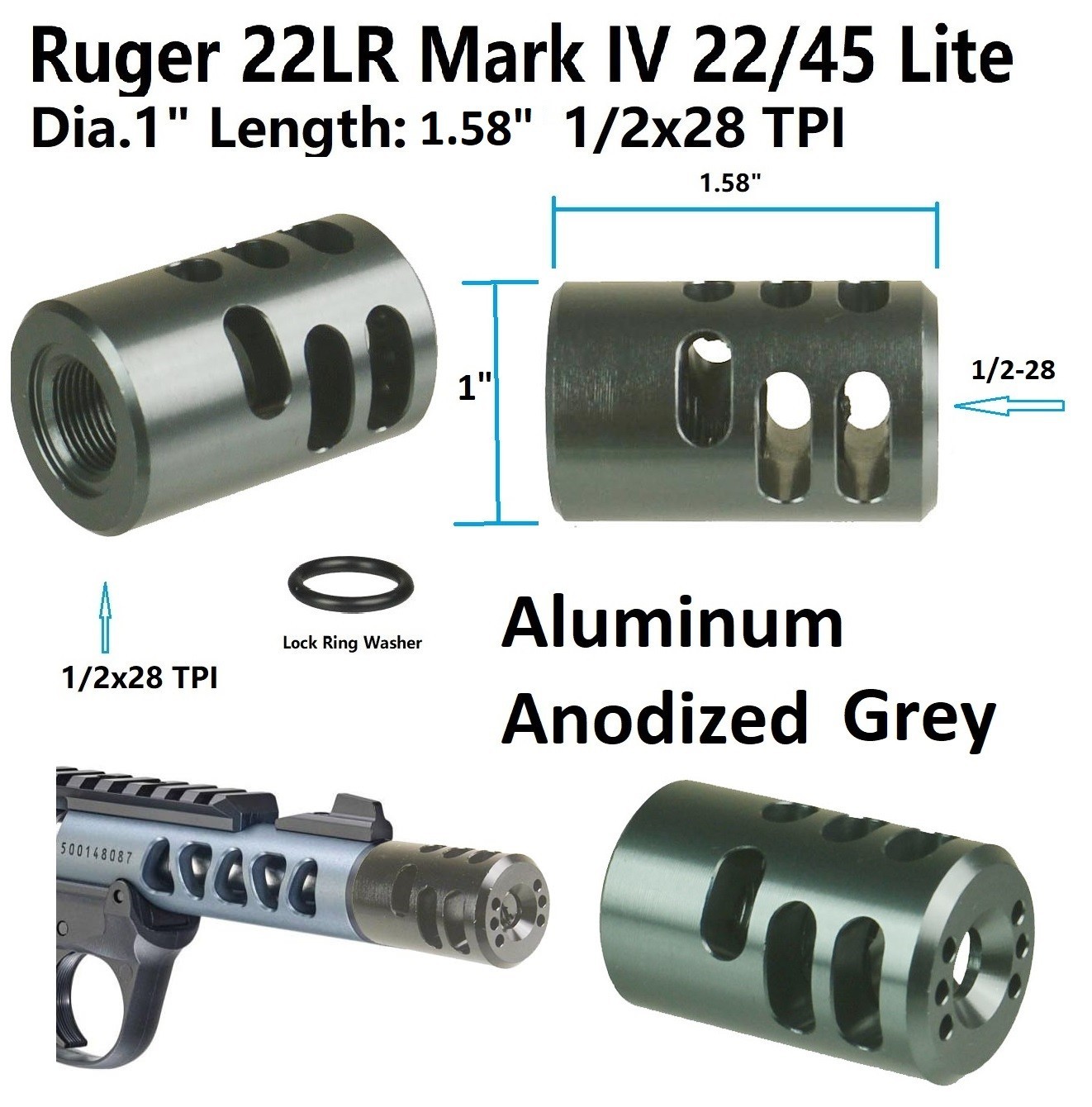 1" Dia Grey Anodized Aluminum Ruger Mark IV 22/45 1/2x28 TPI Muzzle Brake 22LR