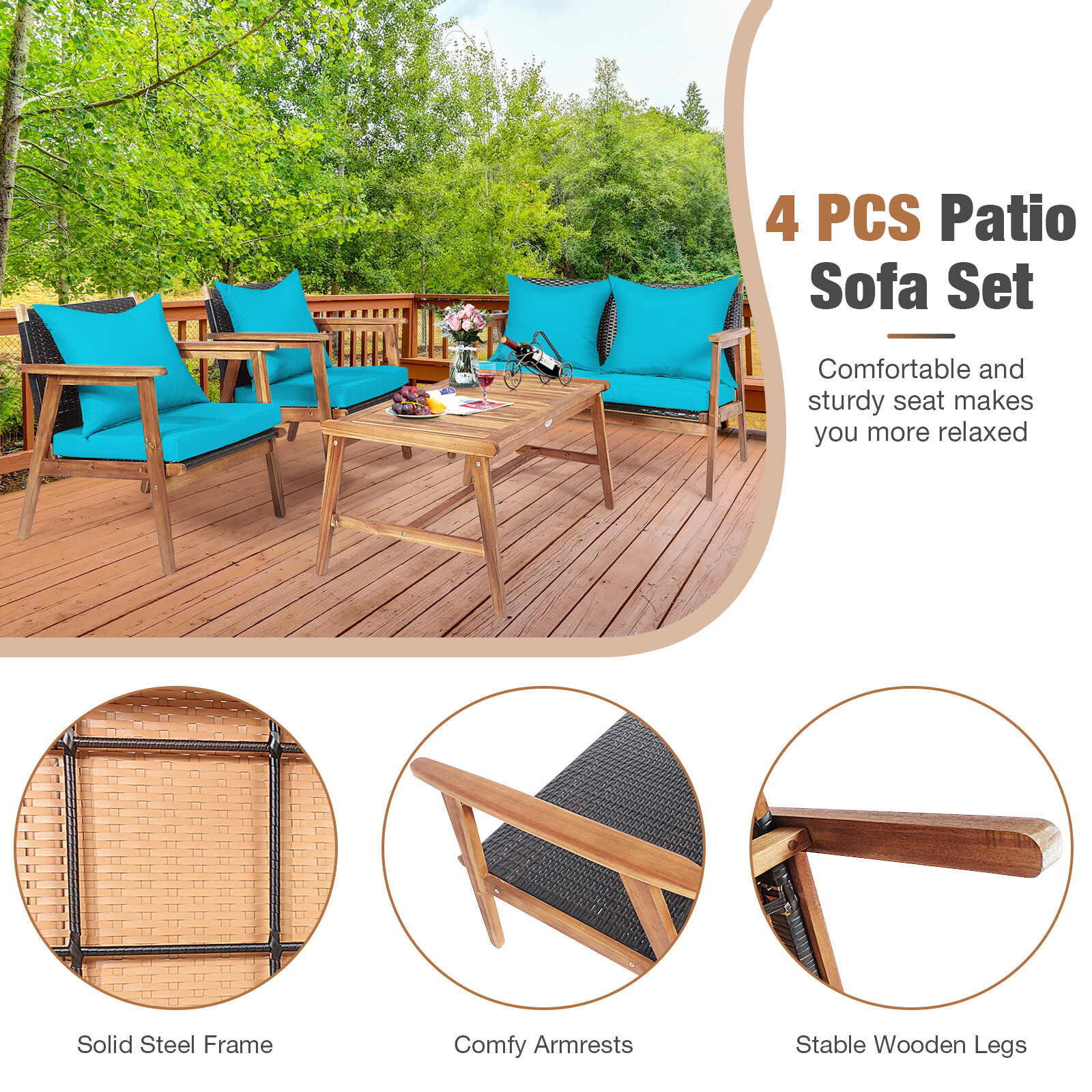 Patiojoy 4PCS Patio Rattan Furniture Set Wood Frame Cushioned Sofa with Coffee