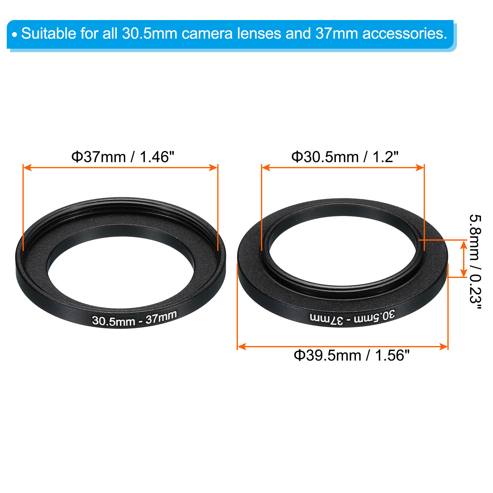 30.5mm-37mm Metal Step Up Ring, Camera Lens Filter Adapter Ring Black