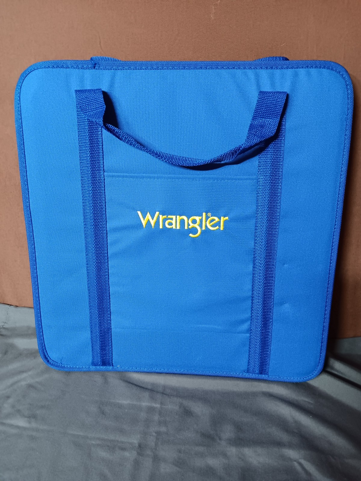 Wrangler Logo Blue & Yellow Travel Chair Stadium Seat Carrying Handles Zipper