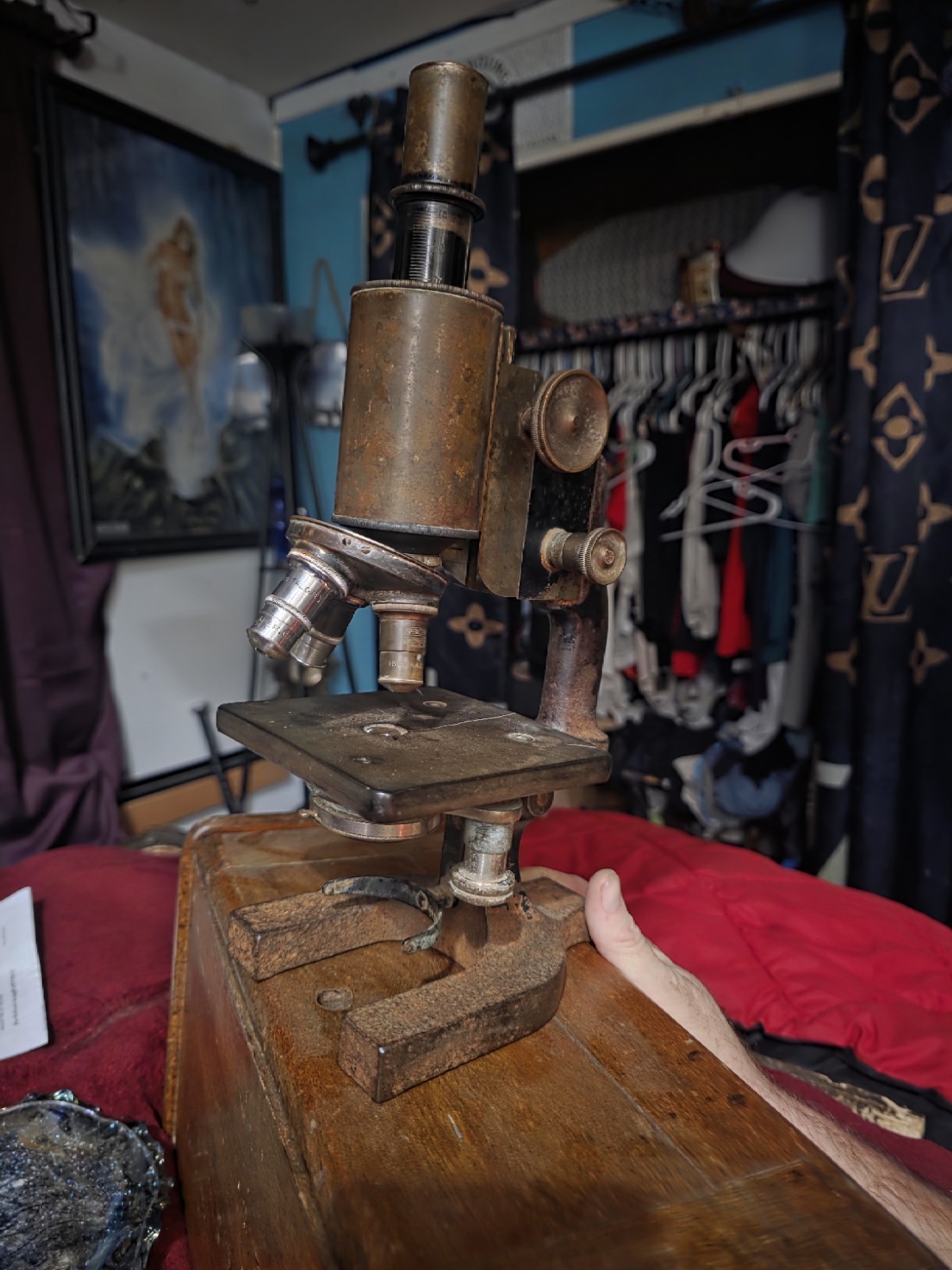 1900s Bausch & Lomb Brass Monocular Scientific Microscope & Wood Case