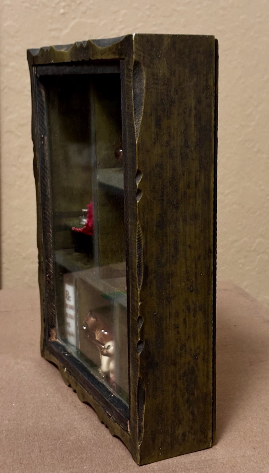 VTG Wooden Capistrano Shadow Box-Swallows Cat Dog Iron Holly Hobbie Rx Dice Bell
