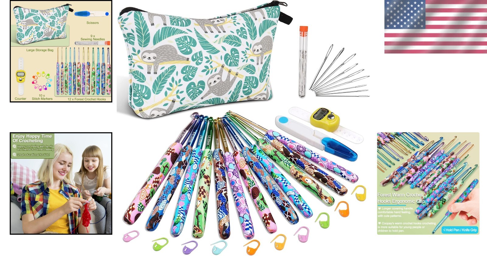 12 Sizes Ergonomic Crochet Hooks Set with Portable Case - Forest Green Elegance