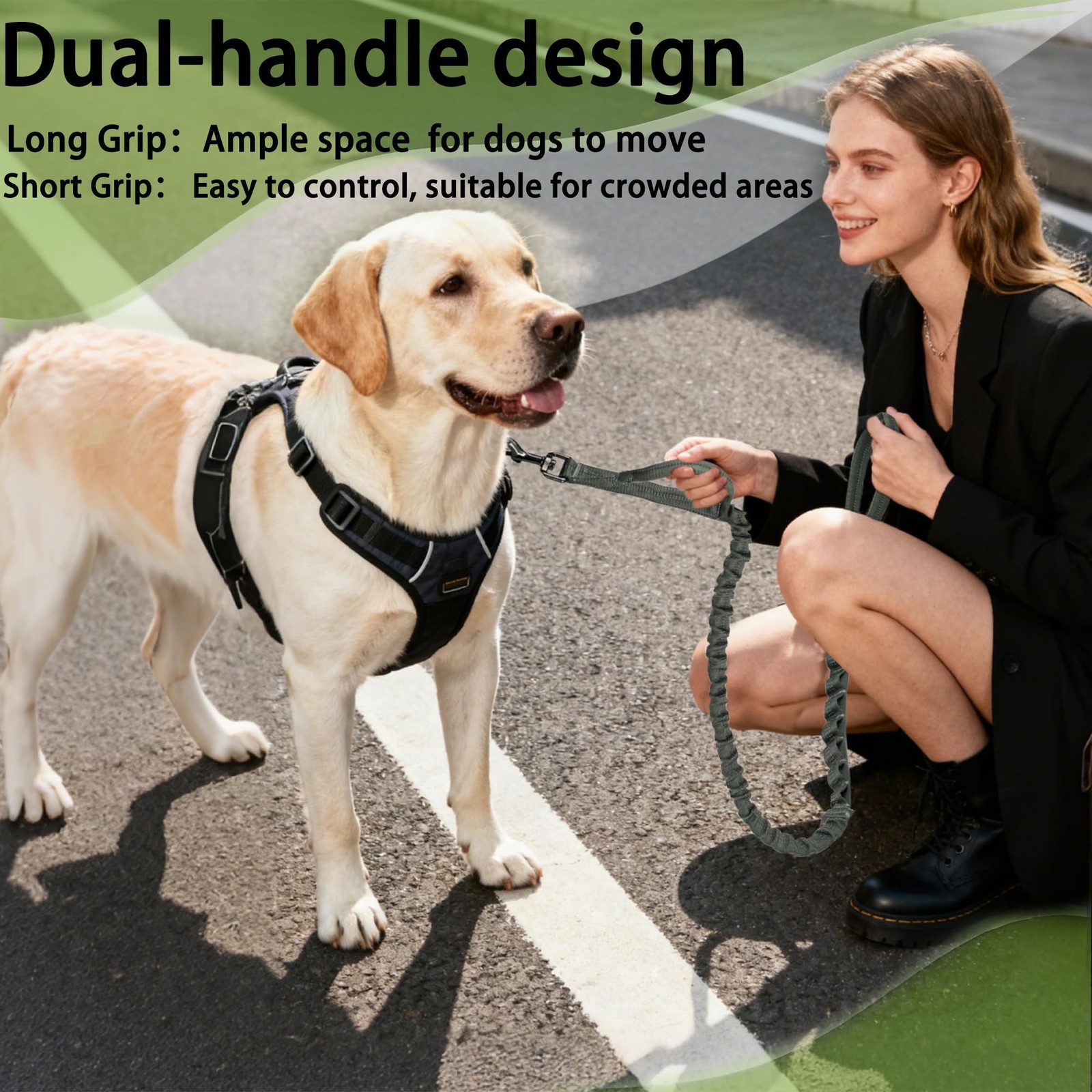 Reflective Heavy-Duty Dog Leash Adjustable 45 ft Shock-Absorbing Handle Green