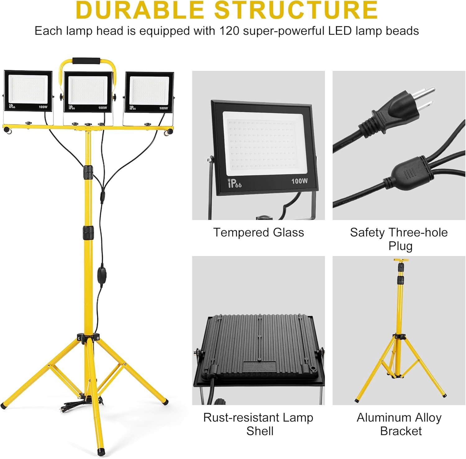 30000 Lumen Work Lights with Stand, 3 Adjustable Head LED Light, 6500K