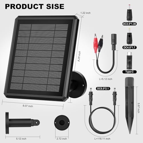 Solar Panel for Trail Camera - 4000mAh Battery, 6V/12V Output, Type-C & DC