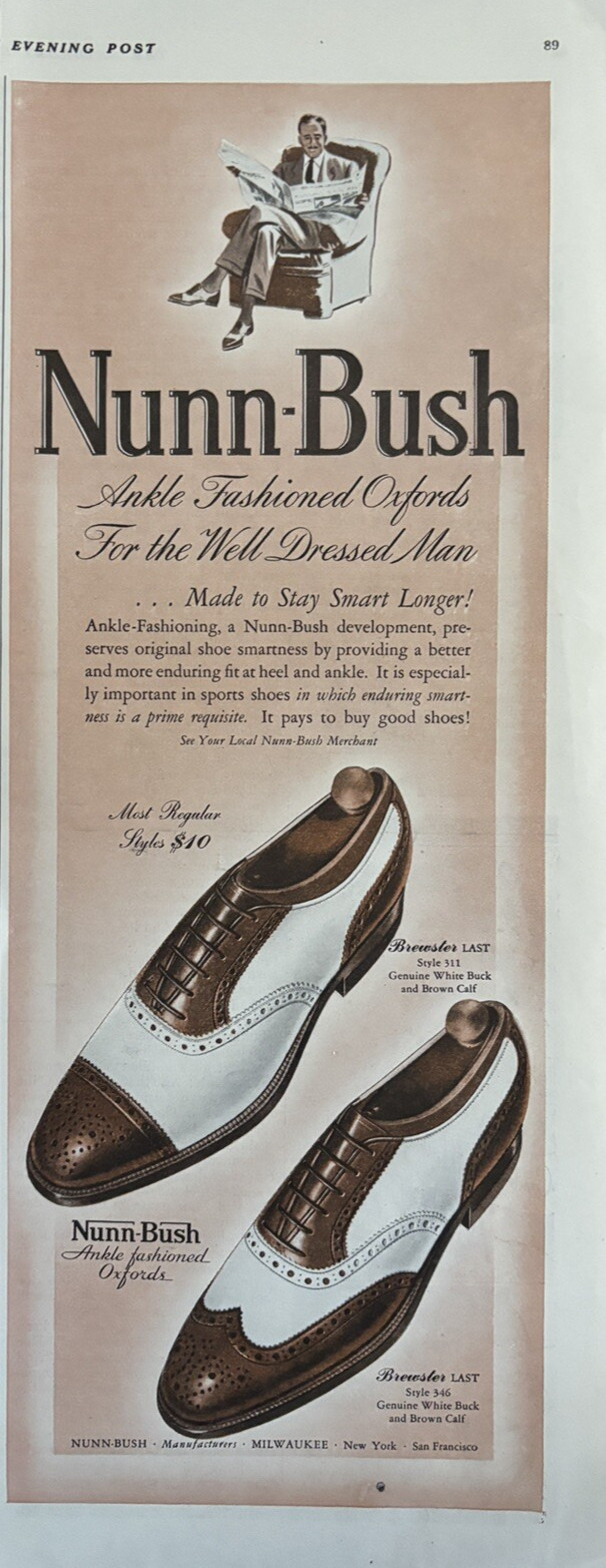 1942 Nunn Bush Mens Shoes Fashioned Oxfords Well Dressed Brewster VTG Print Ad