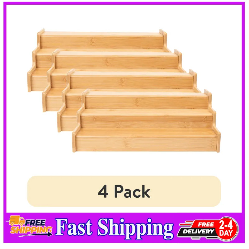 4 Pack Bamboo Expandable Spice Rack 3 Tier Adjustable Kitchen Organizer 12.9...
