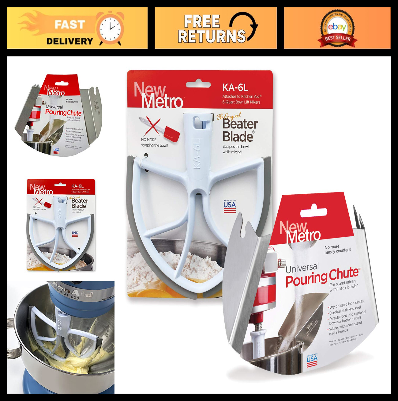 6 Quart Stand Mixer Beater Blade & Universal Pour Chute Set - Made in USA