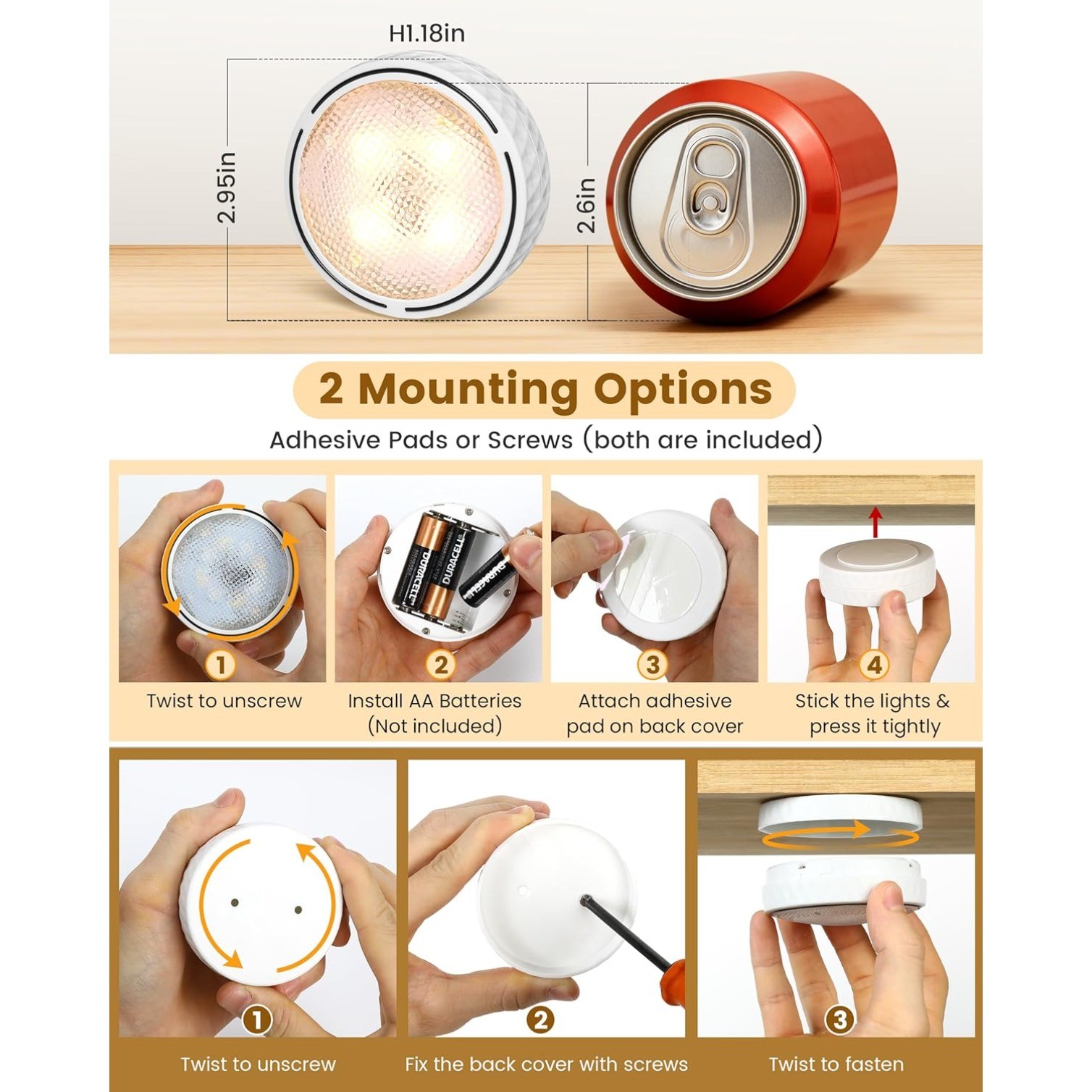 6pcs Cabinet Lights,Battery Operated LED Puck Lights with Remote Control & Timer