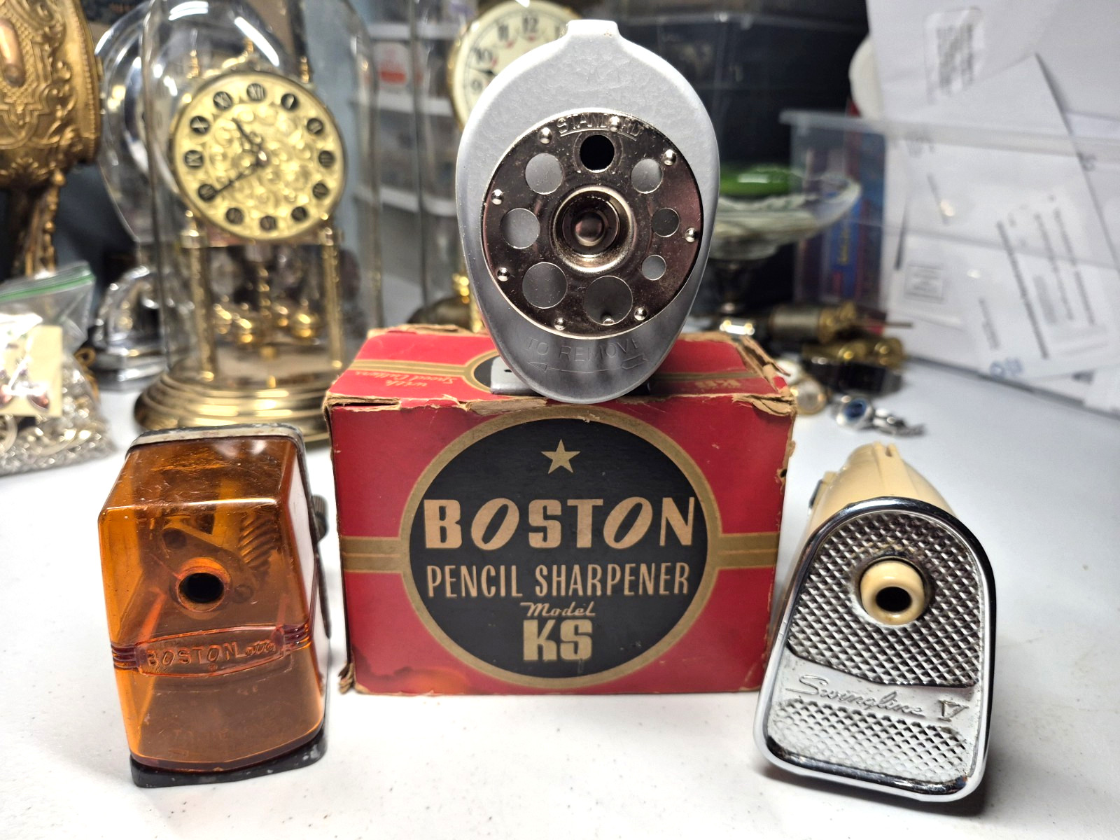 Vtg 3 Pc 1950's Pencil Sharpener Lot Boston KS w/Box Bostonette Swingline 5