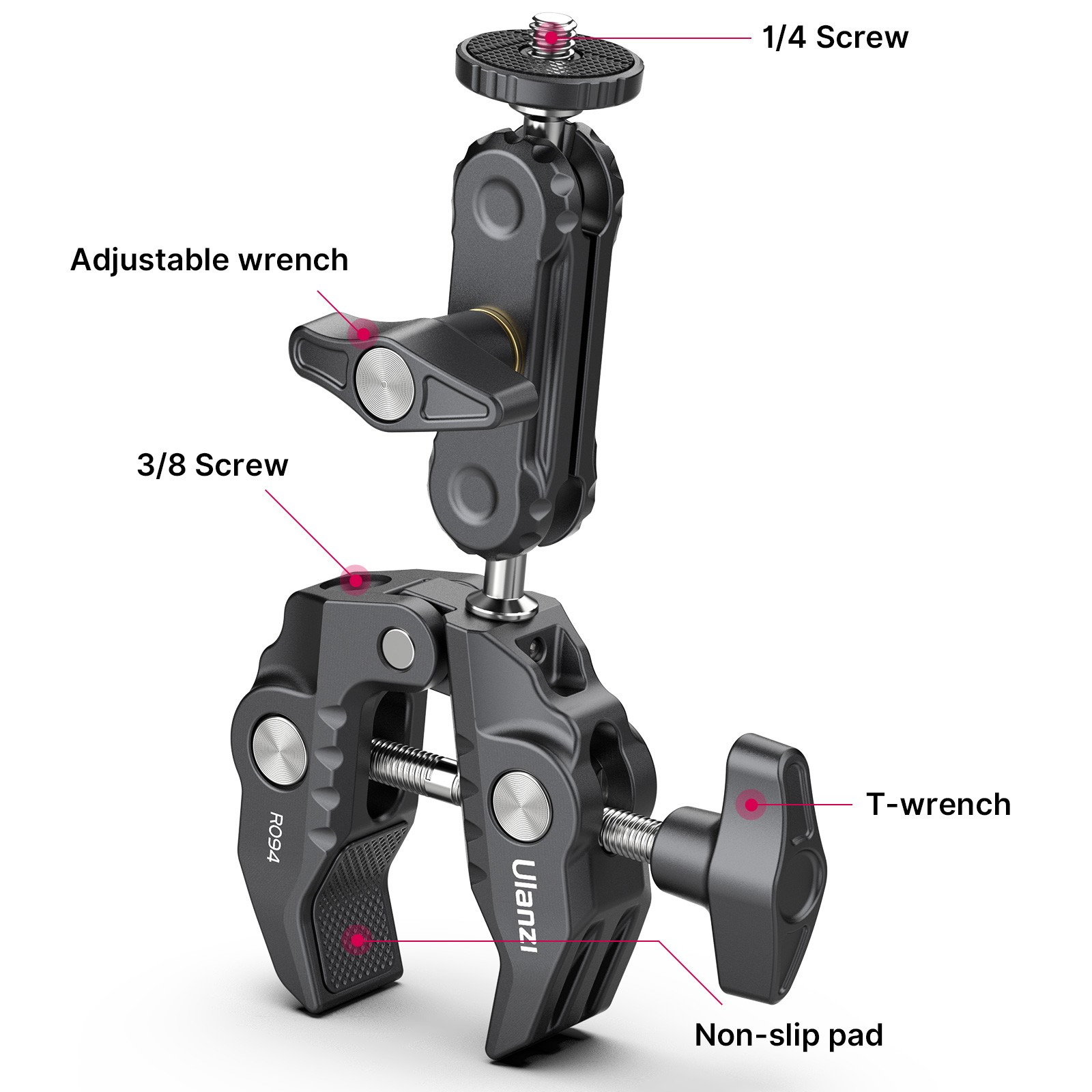 Super Clamp Camera Mount Clamp Pan 1/4 & 3/8 Thread Holes 360° Ball Head R094