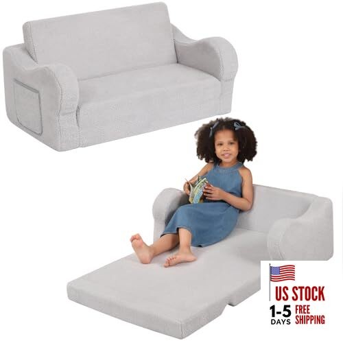 Extra Wide Toddler Chair, 2-in-1 Toddler Couch Fold Out, Convertible Large Grey