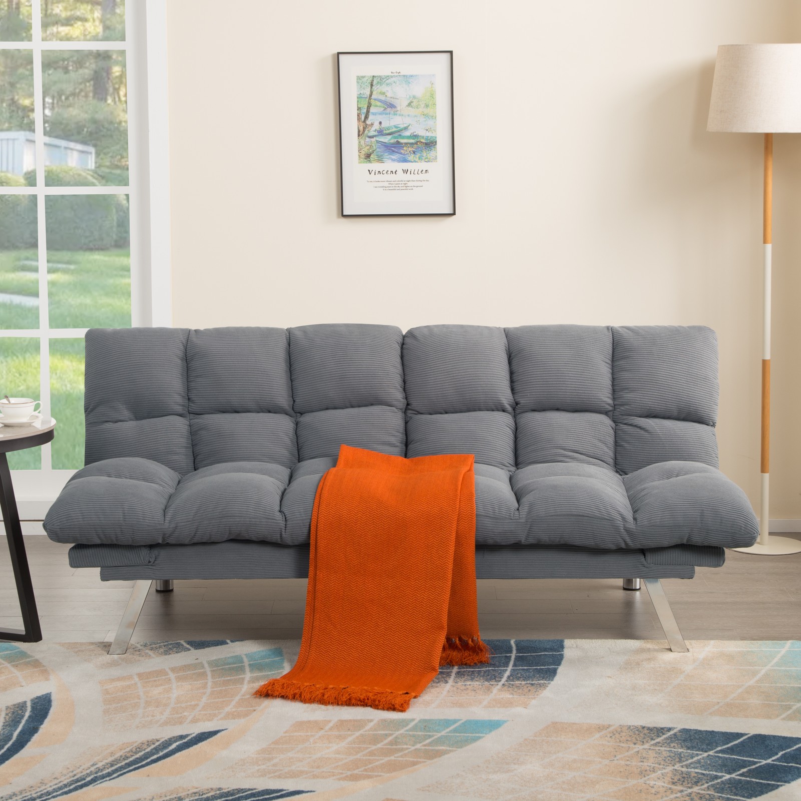 67.3" Gray Corduroy Futon Sofa Bed Adjustable Twin Sleeper Split Back Armrests