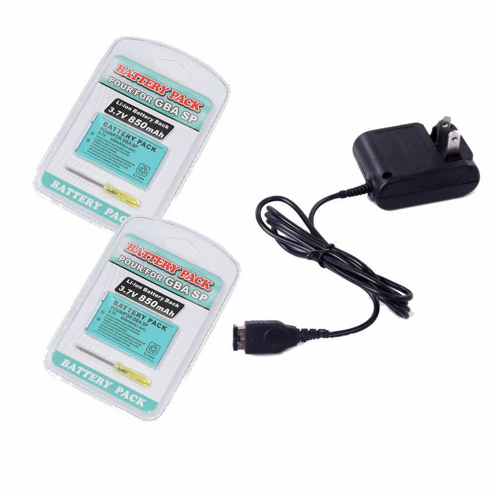 2x Replacement Battery 850mAh for Game Boy Advance SP GBA SP  w/ AC WALL Charger
