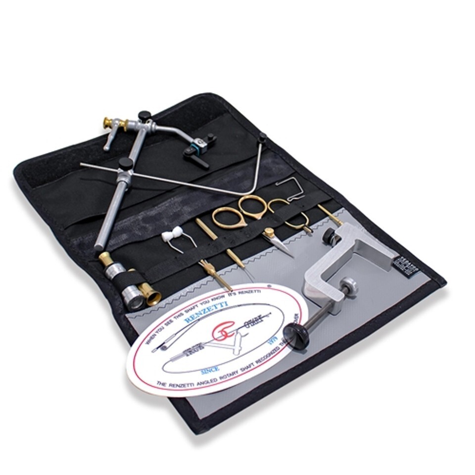 RENZETTI TRAVELER 2000 ROTARY FLY TYING VISE KIT WITH CLAMP BASE, BAG, TOOLS- RH