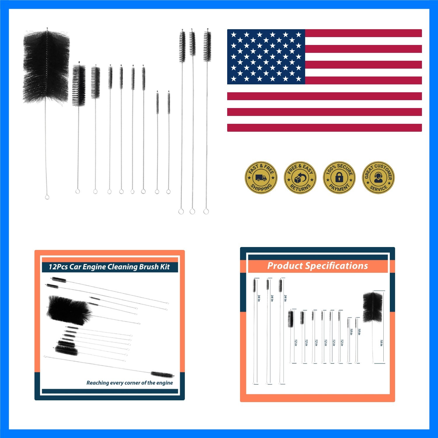12Pcs Car Engine Cleaning Brush Kit Motor Alternators Bay Stainless Steel Wir...