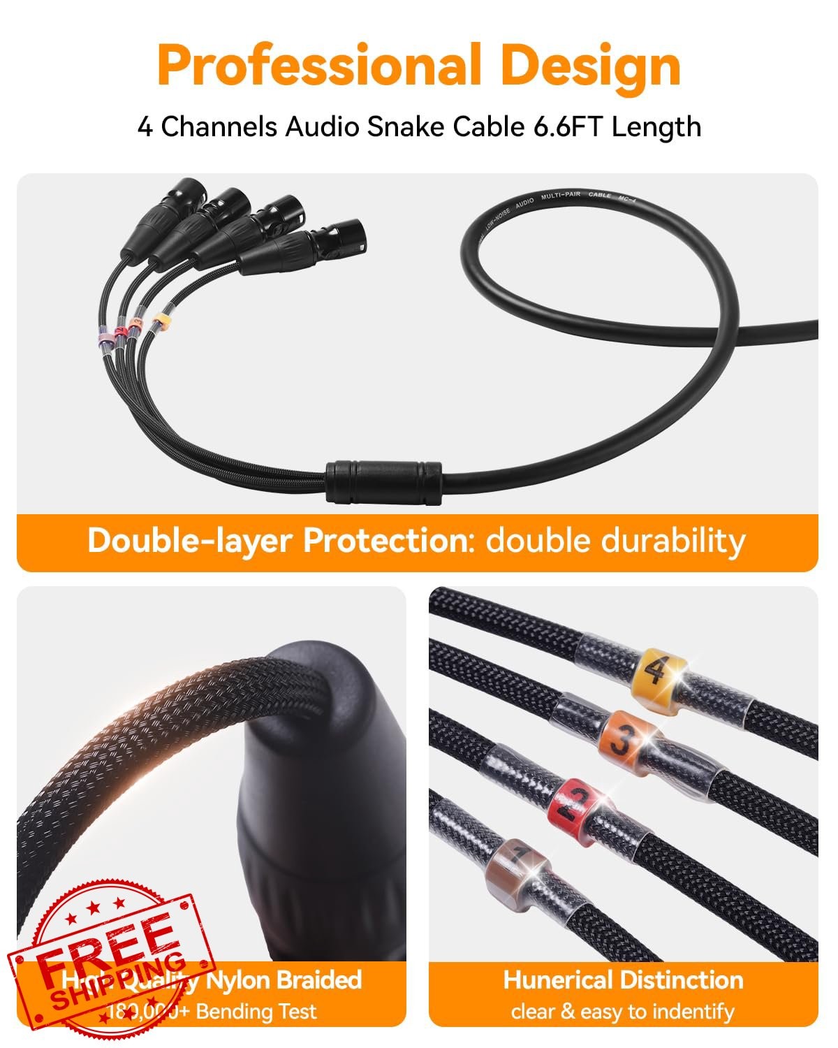 4-Channel XLR Snake Cable 6.6ft, Neutrik Gold, Braided Mic Patch