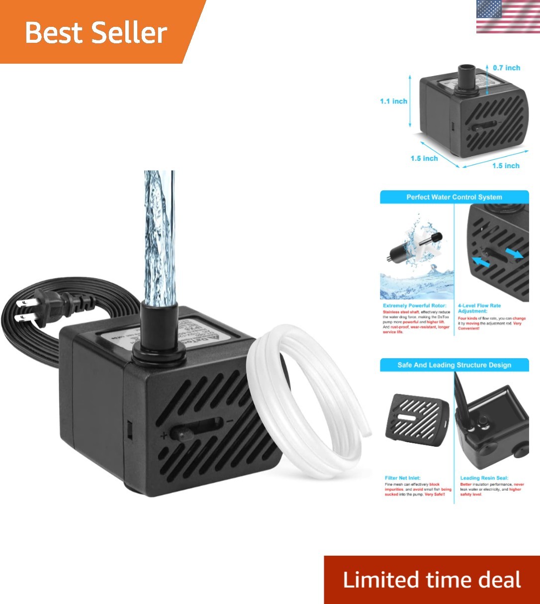 Safe & Adjustable 50GPH Submersible Aquarium Pump - Super Quiet Design