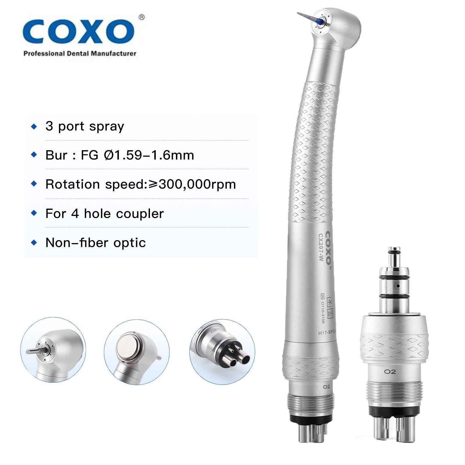COXO CX207-W Dental High Speed Air Turbine Handpiece with 4 Hole Coupler Fit W&H