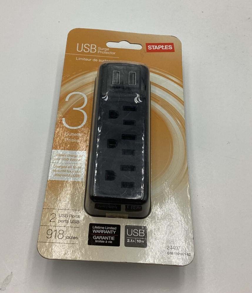 Staples 24497 Surge Protector Power Protector 3-Outlet 2 USB Port Black