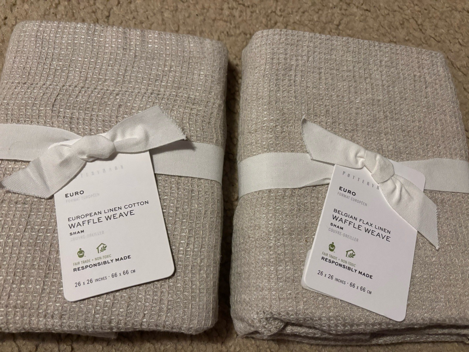 2 POTTERY BARN European Linen WAFFLE WEAVE Shams EURO Size Potterybarn Sham flax