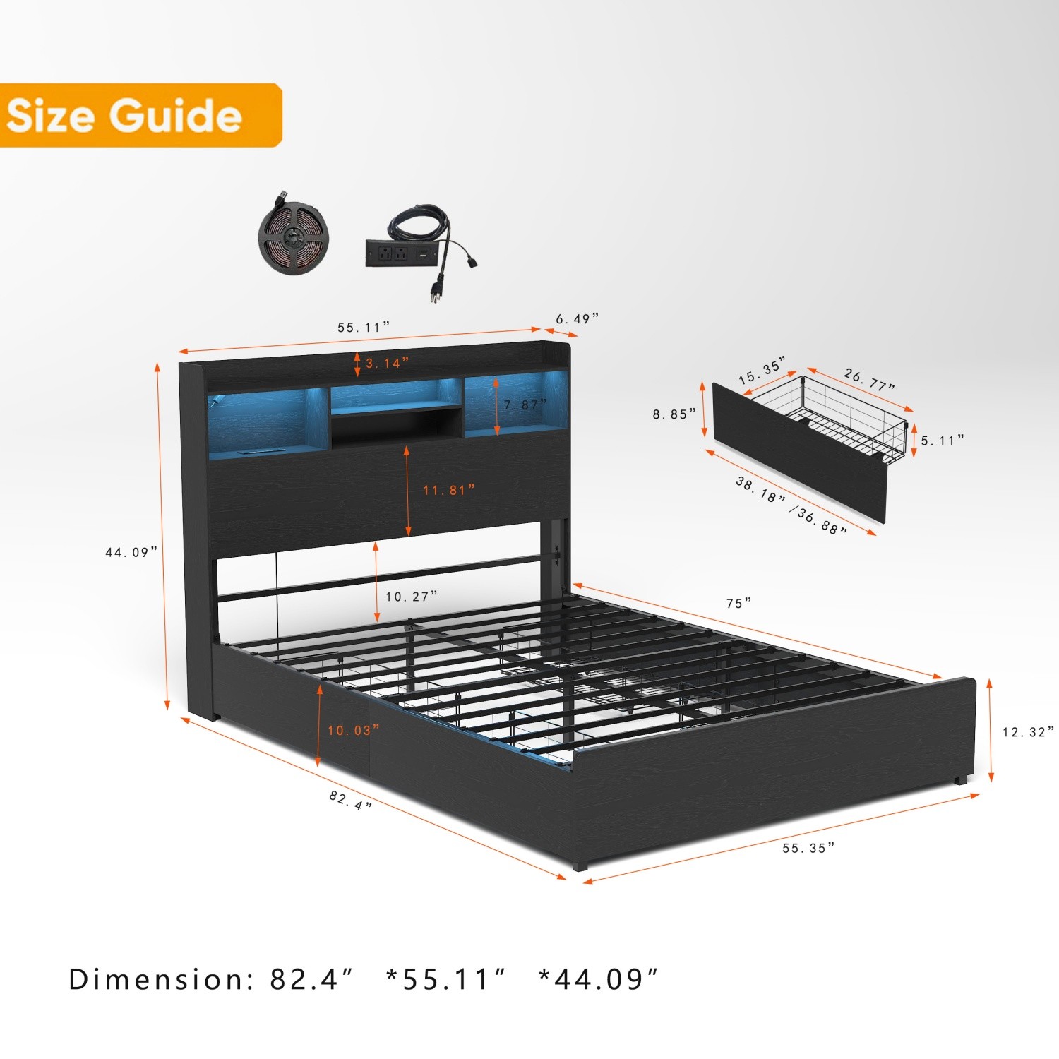 Full/Queen Size Platform Bed Frame w/ LED Lights & Storage Headboard & 4 Drawer