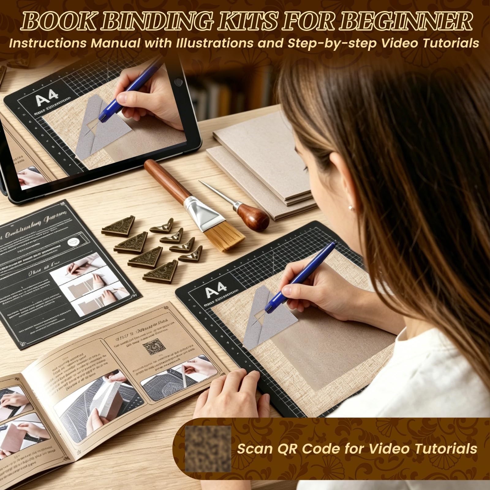 208 Pcs Book Binding Kits for Beginners,Complete Bookbinding Kit with Instruc...