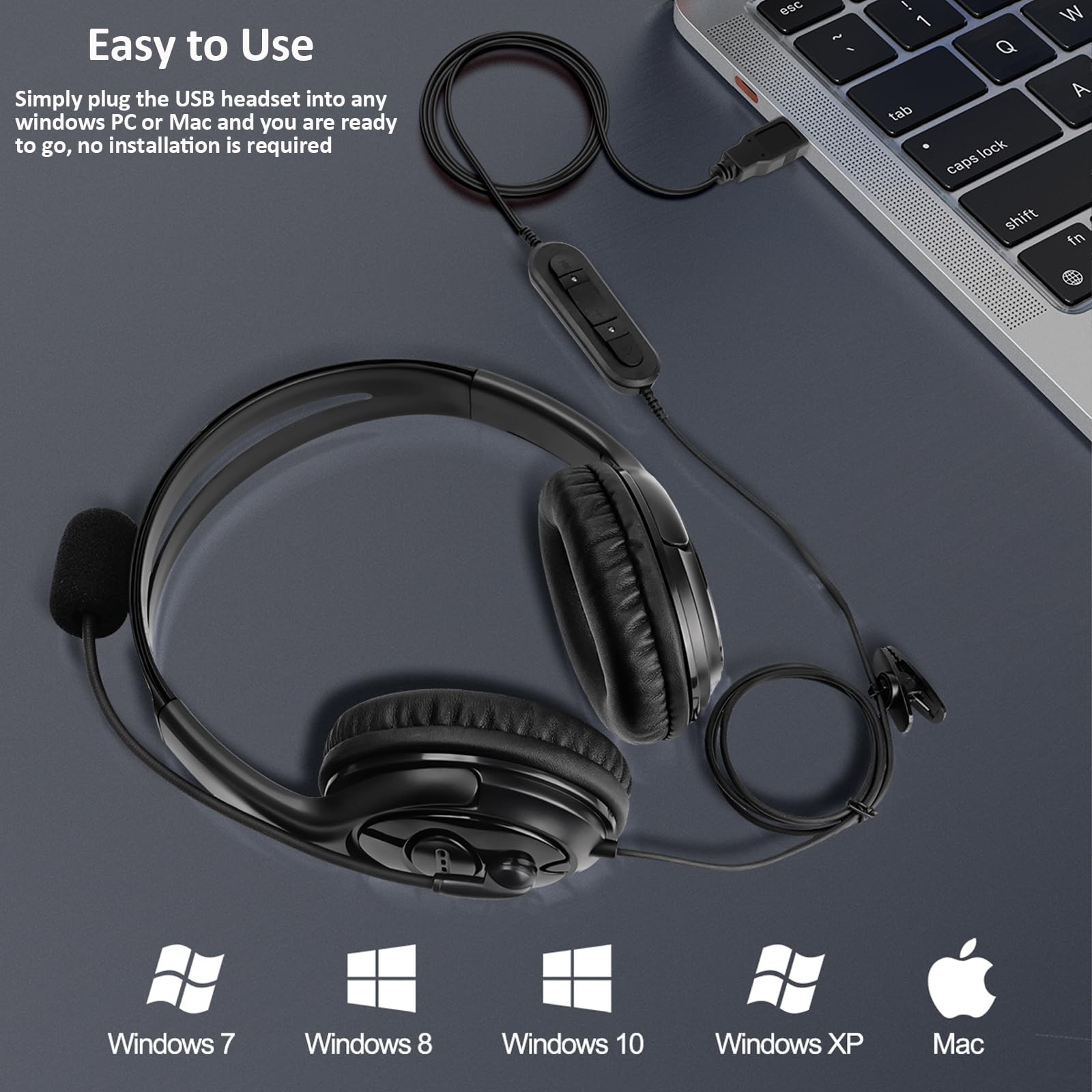 USB Headset with Microphone for Call Center Office Laptop Computers