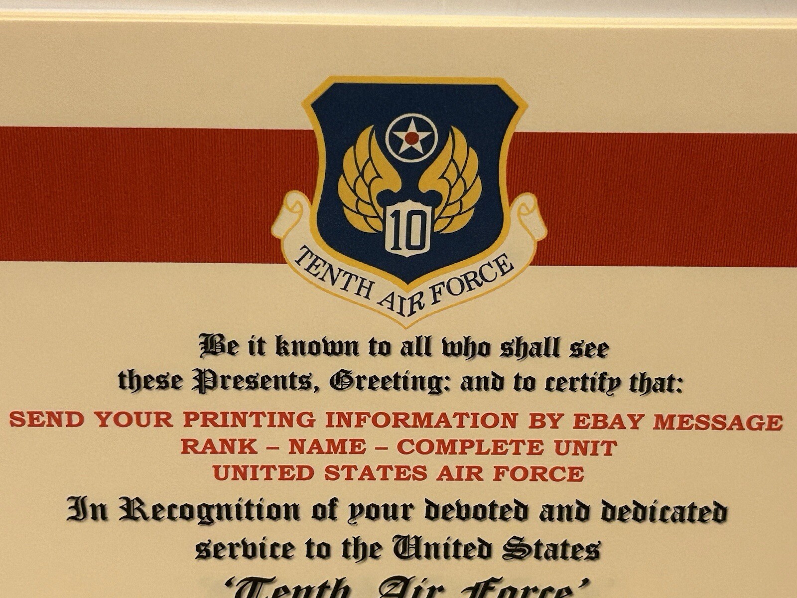 U.S. AIR FORCE / 10TH AIR FORCE - MERITORIOUS UNIT COMMENDATION CERTIFICATE